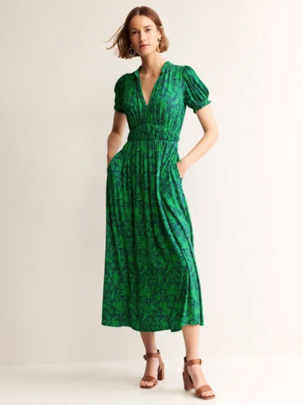 Boden Jersey Midi Tea Dress US 8R Ruffle Green Bird & Floral Print